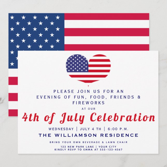Invitation Drapeau américain en forme de coeur | 4 JUILLET (Devant / Derrière)
