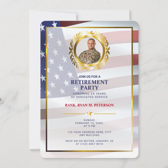 Invitation Drapeau américain | Feuille de laurier dorée | Ret (Devant)