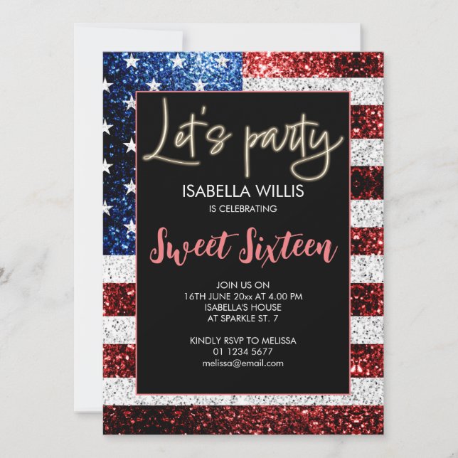Invitation Drapeau américain mousseux Sweet 16 Anniversaire L (Devant)