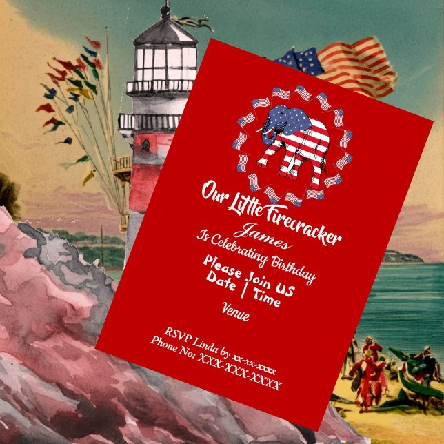 Invitation Drapeau américain Patriotique Elephant Anniversair (Patriotic Elephant American Flag Birthday Boy Cute Invitation)