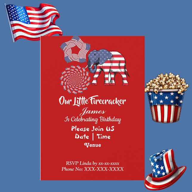 Invitation Drapeau américain Patriotique Elephant Anniversair (Patriotic Elephant American Flag Birthday Firework Invitation)