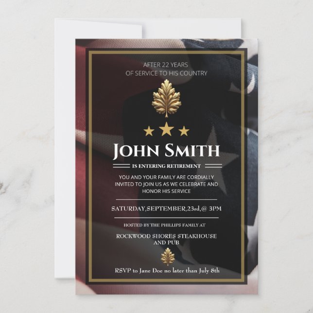 Invitation Drapeau américain |Retraite militaire du chêne d'o (Devant)