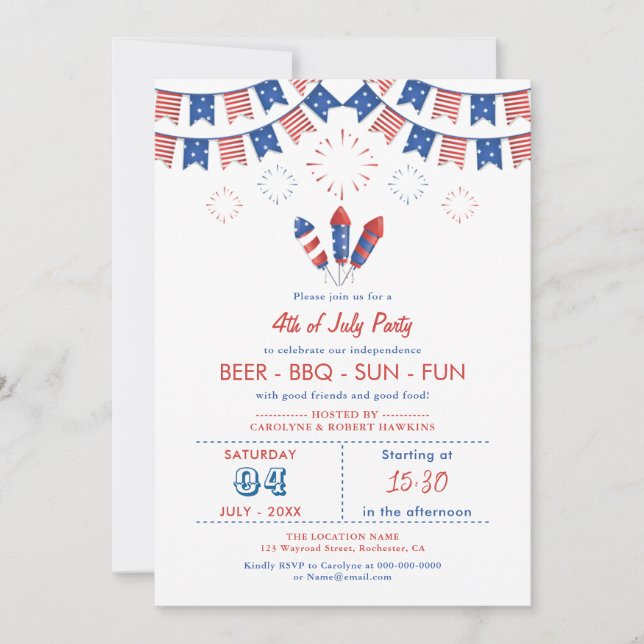 Invitation Drapeau américain rouge, blanc et bleu 4 juillet (Devant)