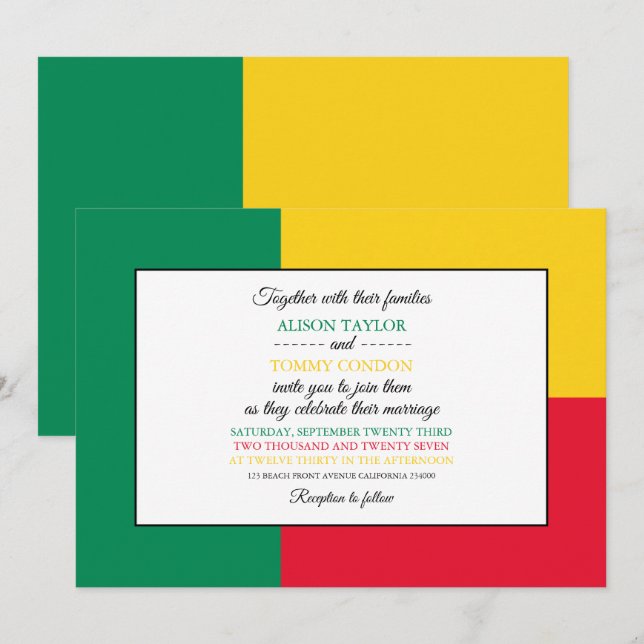 Invitation Drapeau béninois, Drapeau du Bénin Mariage (Devant / Derrière)