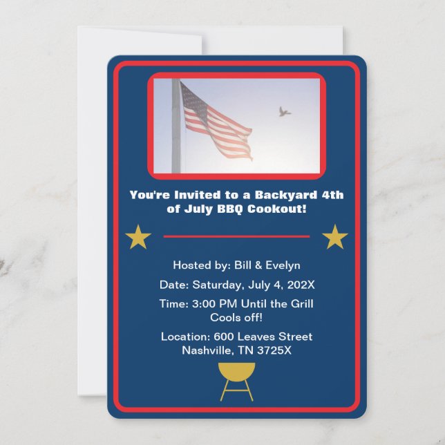 Invitation Drapeau bleu américain 4 juillet barbecue (Devant)