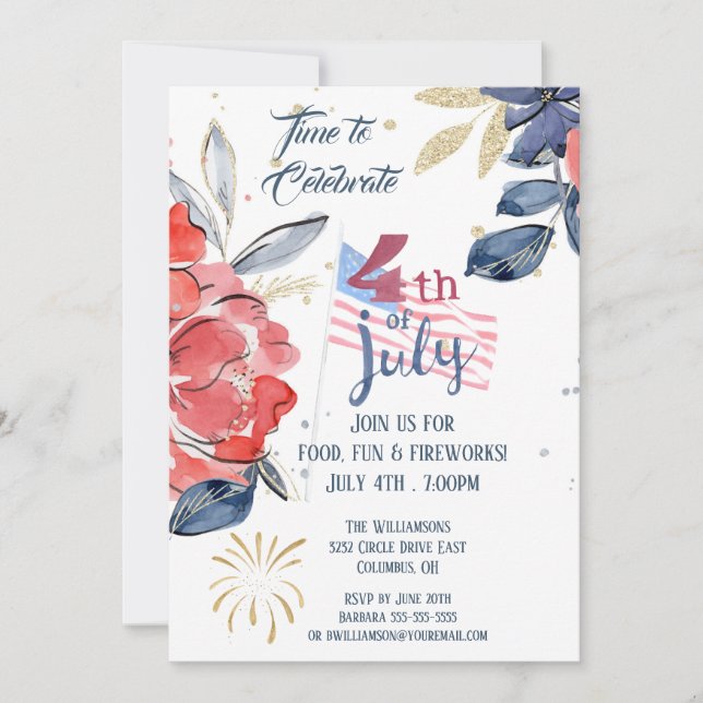 Invitation Drapeau bleu blanc 4 juillet (Devant)