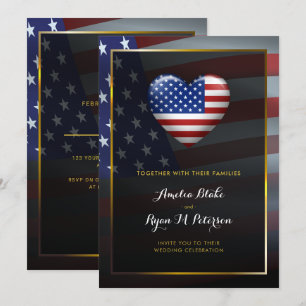 Invitation Drapeau cardiaque américain   Cadre Or   Mariage d
