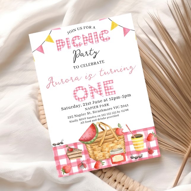 Invitation Drapeau de En vichy rosé mignon Pique-nique 1er an (Girls Picnic Party 1st Birthday Invitation Template, Pink Gingham Picnic 1st Birthday Invitation
)