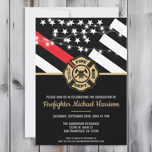 Invitation Drapeau de la ligne rouge de la promotion de l'aca (Perfect invitation to invite guests to celebrate the new fire academy graduate in fire fighting!)