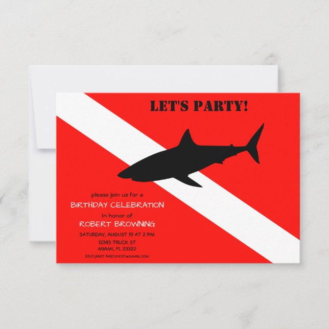 Invitation Drapeau de plongée sous-marine et photo de requin  (Devant)