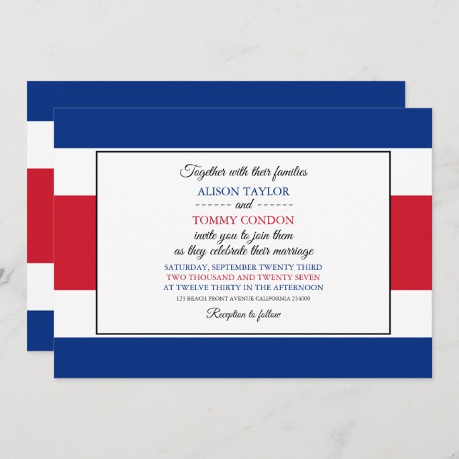 Invitation Drapeau du Costa Rica, Drapeau du Mariage du Costa (Devant / Derrière)
