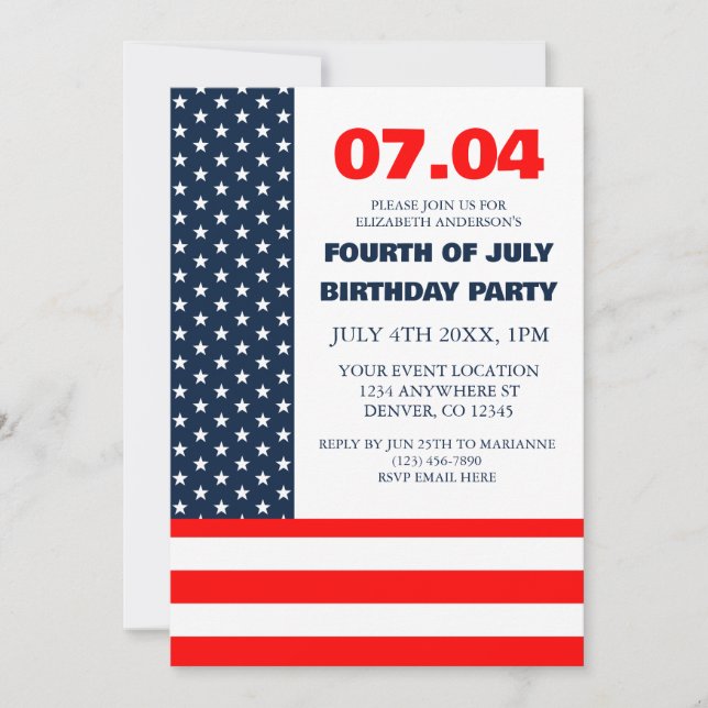 Invitation Drapeau Étoiles et rayures 4 juillet Anniversaire (Devant)
