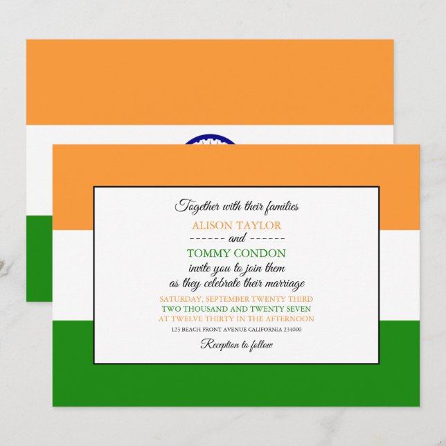 Invitation Drapeau indien, Drapeau indien Mariage (Devant / Derrière)