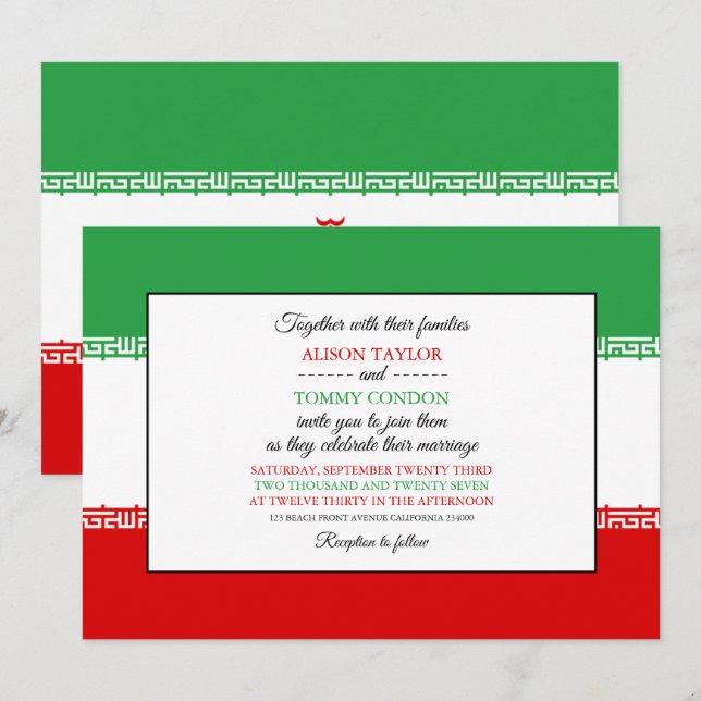 Invitation Drapeau iranien, Drapeau iranien Mariage (Devant / Derrière)