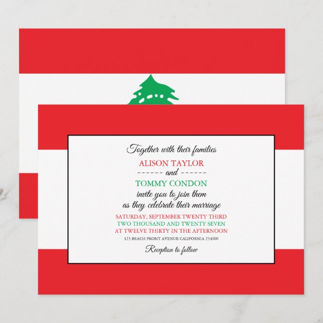 Invitation Drapeau libanais, Drapeau libanais Mariage (Devant / Derrière)