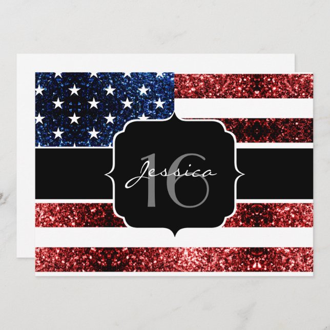 Invitation Drapeau rouge bleu étincelants parties scintillant (Devant / Derrière)