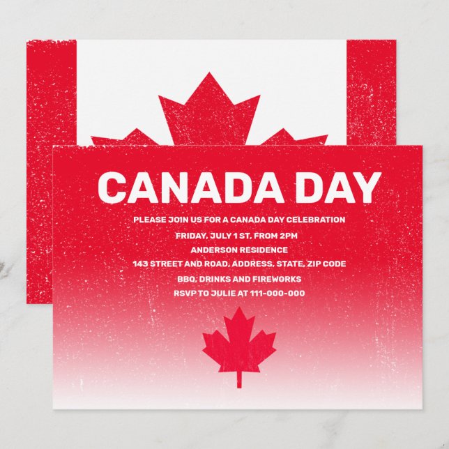 Invitation Drapeau rustique CANADA Jour du Canada couleur rou (Devant / Derrière)