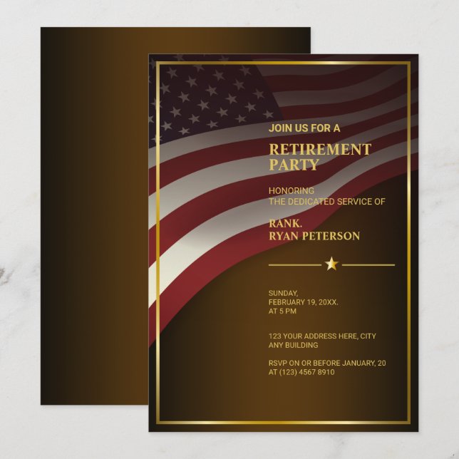 Invitation Drapeau USA | Coin | Cadre doré | Marron Luxe (Devant / Derrière)