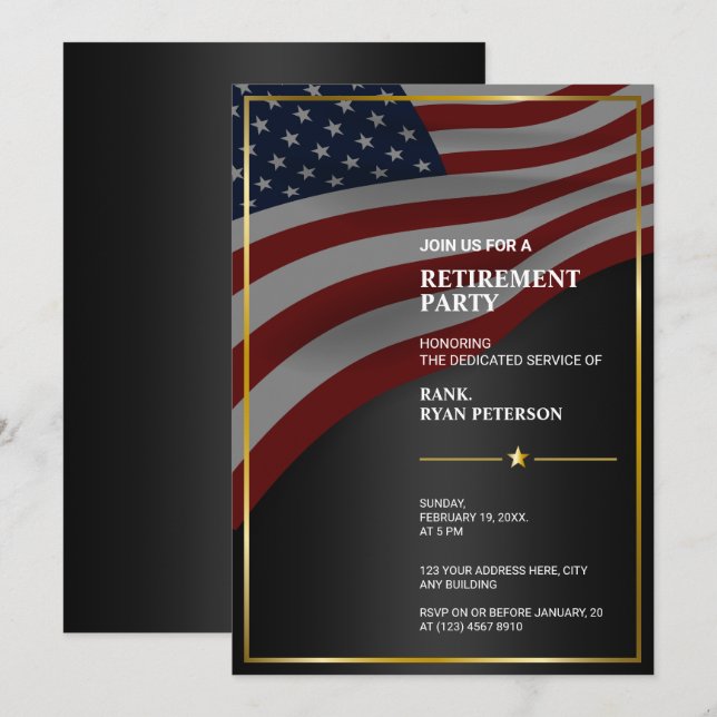 Invitation Drapeau USA | Coin | Cadre doré | Noir Luxe (Devant / Derrière)