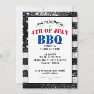 Invitation Drapeau USA Noir Blanc étincelles 4 juillet BBQ pa