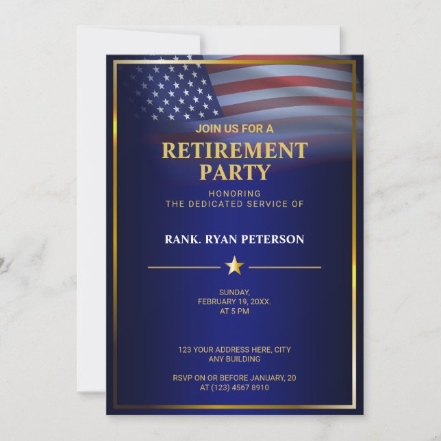Invitation Drapeau USA | Transparent | Cadre doré | Luxe Bleu (Devant)