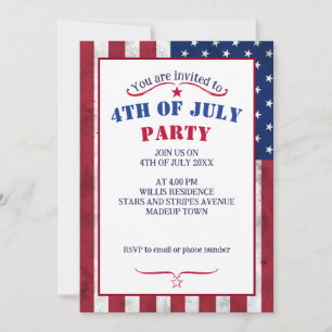 Invitation Drapeau USA vintage rouge blanc bleu Fête du 4 jui