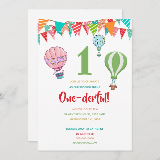 Invitation Drapeaux de ballon à air chaud, fille de premier a (Devant / Derrière)