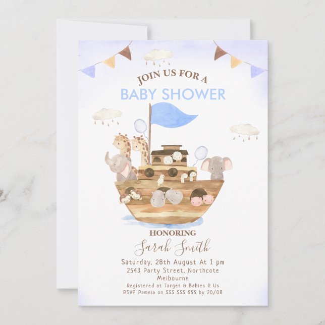 Invitation Drapeaux de Bunting Baby shower Noah's Ark Boys (Devant)
