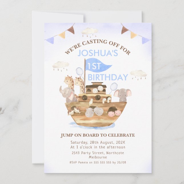 Invitation Drapeaux de Bunting Noah's Ark Boys 1er anniversai (Devant)