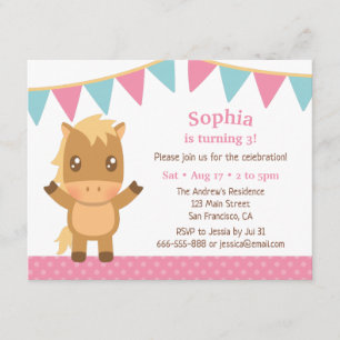 Invitation Drapeaux de fête d'anniversaire de fille Cheval Mi