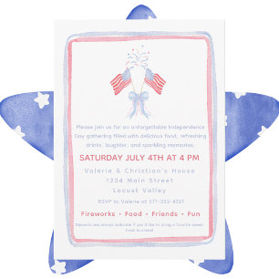Invitation Drapeaux patriotiques à l'aquarelle et feux d'arti