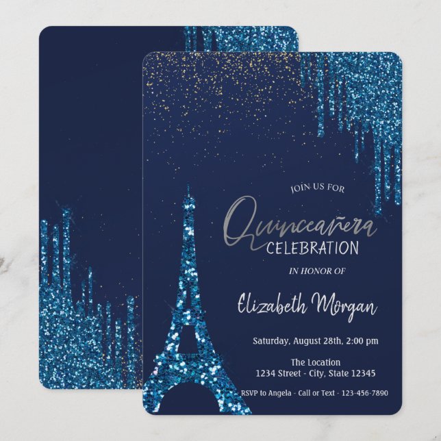 Invitation Draps Bleus Confetti, Tour Eiffel Quinceañera (Devant / Derrière)