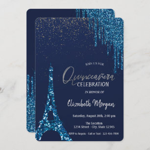 Invitation Draps Bleus Confetti, Tour Eiffel Quinceañera