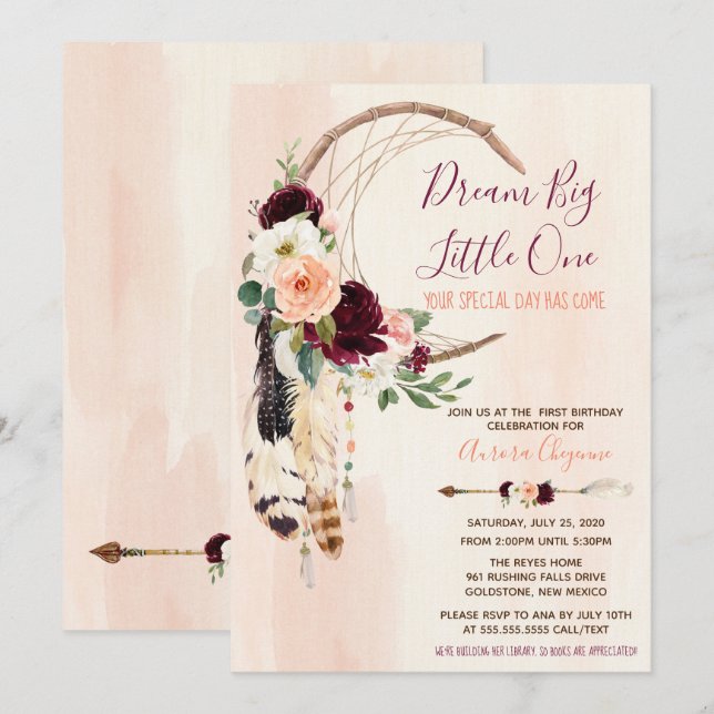 Invitation Dream Big Peach & Burgundy Boho Premier anniversai (Devant / Derrière)