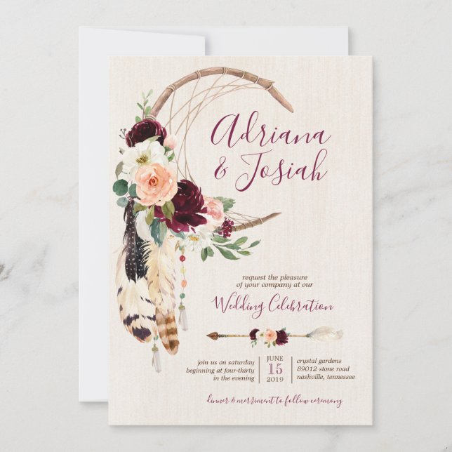 Invitation Dream Catcher Moon Peach & Burgundy Boho Mariage (Devant)