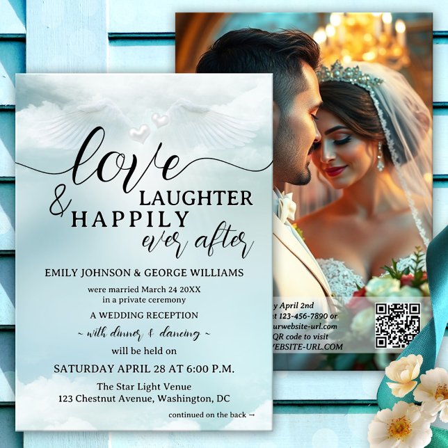 Invitation Dream Cloud Neuf Elope Heureusement Jamais Après M (Wedding reception only/happily ever after invitation featuring angel wings and hearts on cloud nine)