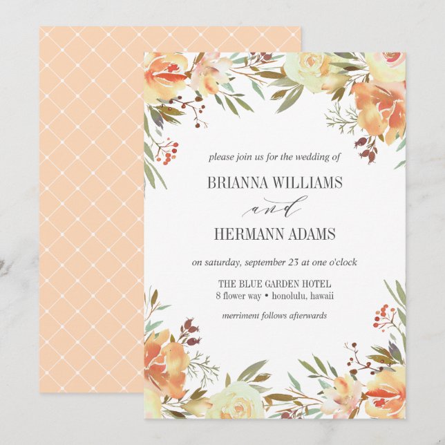 Invitation Dream Peach | Fancy rustique Flowers mariage (Devant / Derrière)