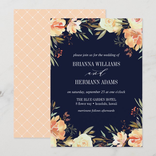 Invitation Dream Peach & Navy | Fancy rustique Flowers mariag (Devant / Derrière)