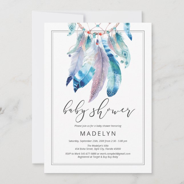 Invitation Dreamcatcher Baby shower Boho Genre Neutre (Devant)