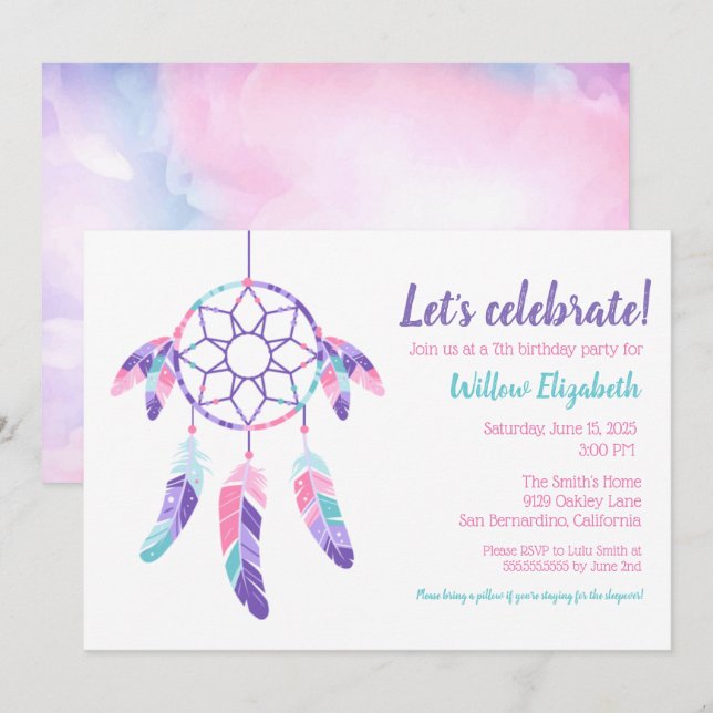Invitation Dreamcatcher rose violet turquoise parti anniversa (Devant / Derrière)
