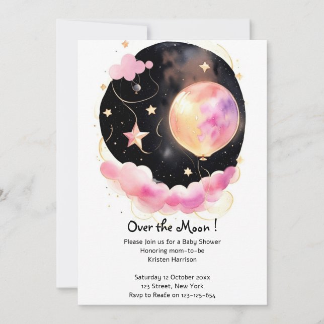 Invitation Dreamy Baby shower aquarelle : Lune et étoiles (Devant)