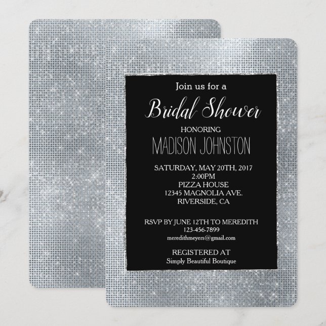 Invitation Dreamy Black Glitzy Silver Sparkle (Devant / Derrière)