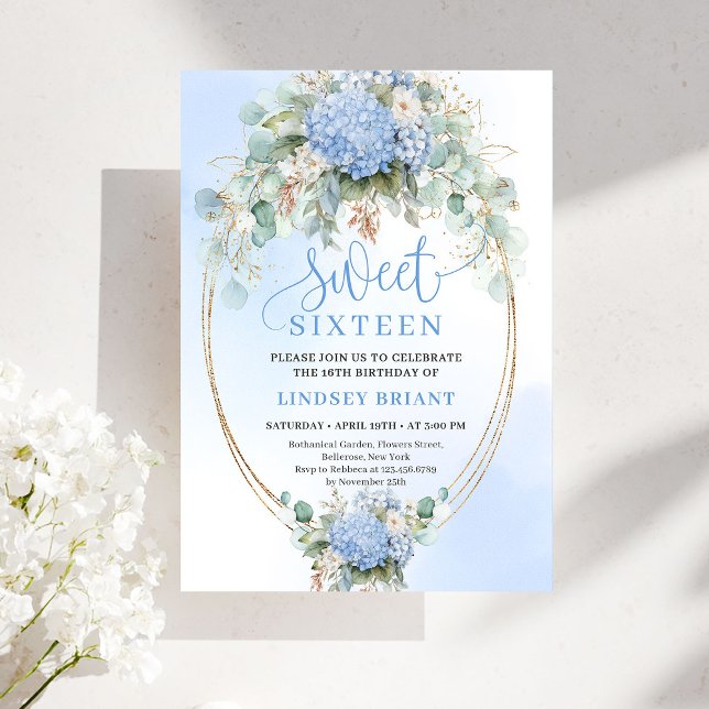 Invitation Dreamy Boho Blue Hydrangea Gold Sweet Sixteen (Dreamy Boho Blue Hydrangea Gold Sweet Sixteen)
