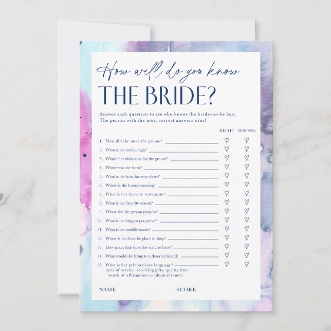 Invitation Dreamy Bridal Shower Questionnaire Game Card (Devant)