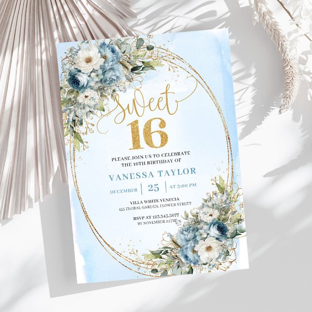 Invitation Dreamy Dusty Blue Greenery Sweet 16th Birthday  (Dreamy Dusty Blue Greenery Sweet 16th Birthday Invite)
