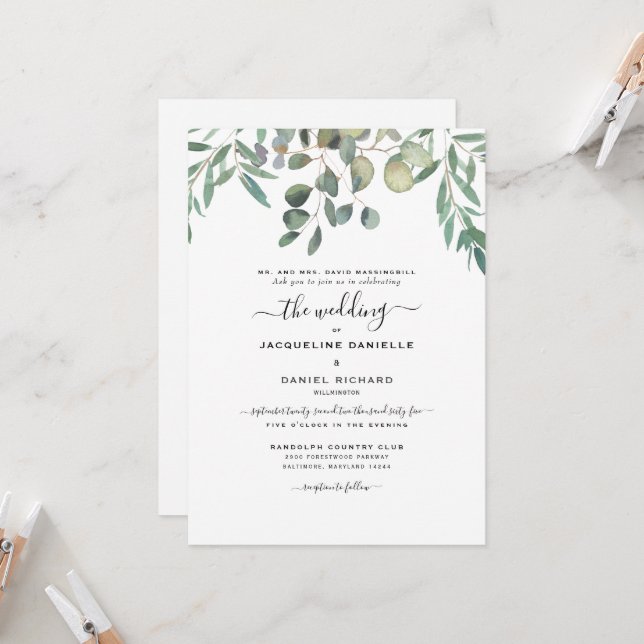 Invitation Dreamy Eucalyptus Foliage Simple Mariage moderne I (Devant/Arrière en situation)