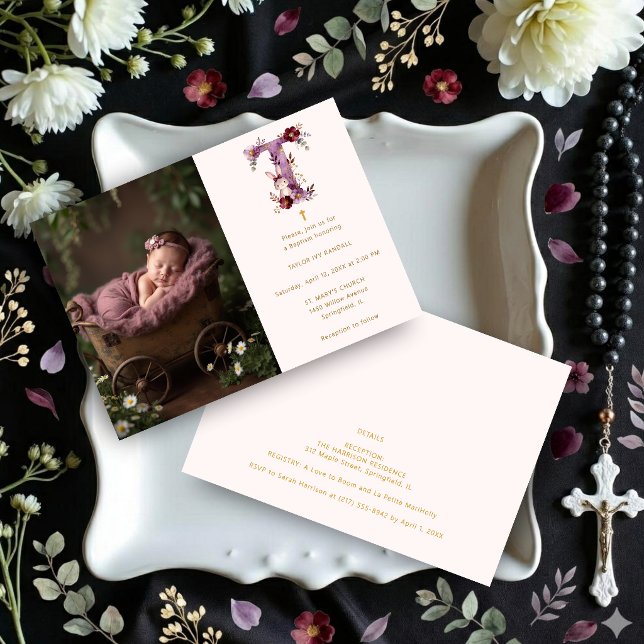 Invitation Dreamy Funny Bunny Romantic Floral T Baptism (Dreamy Funny Bunny Romantic Floral T Initial Baptism Invitation Card Design with Photo. )