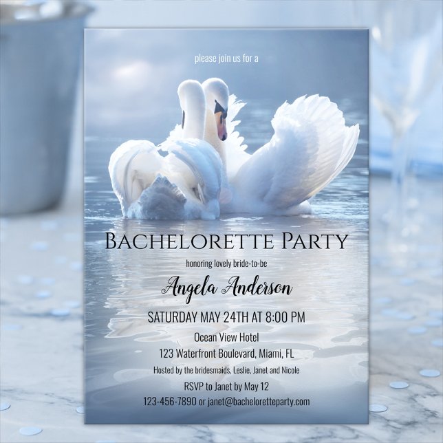 Invitation Dreamy Lake Bachelorette Party (Elegant bachelorette party invitation featuring two swans in love on a hazy sunlit lake)