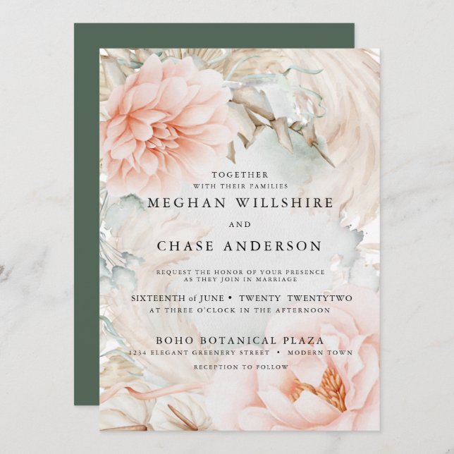 Invitation Dreamy Pale Coral Floral et verdure (Devant / Derrière)