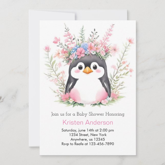 Invitation Dreamy Pingouin Rose Délicieux Baby shower fille (Devant)